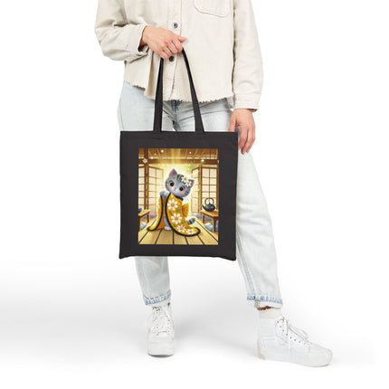 Playful Kitten in the Tea Room Cotton Canvas Tote Bag – Curious Charm & Cozy Whimsy