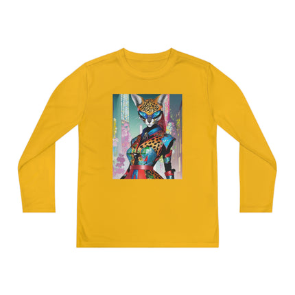 Cyber Cat Glamour Youth Long Sleeve Competitor Tee – Neon Elegance & Futuristic Style