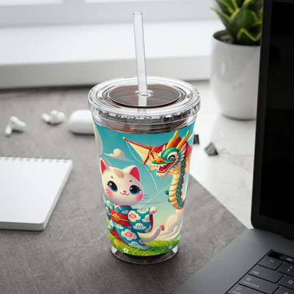 Geisha Kitten and the Dragon Kite Sunsplash Tumbler with Straw, 16oz