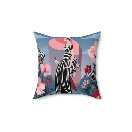 🖤🌸 The Lady Of The Striped Promenade Square Pillow – Art Deco Floral Elegance