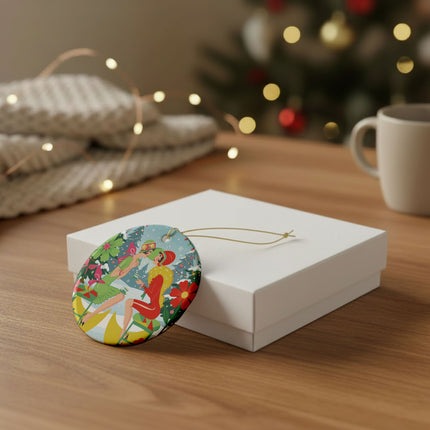 ☕🎄 Christmas Tea In The Snow Garden Ceramic Ornament – Art Deco Holiday Friendship