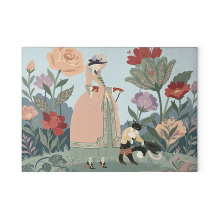 🌸🐈 The Lady And Puss In Boots Glass Cutting Board – Art Deco Floral Fashion Fantasy