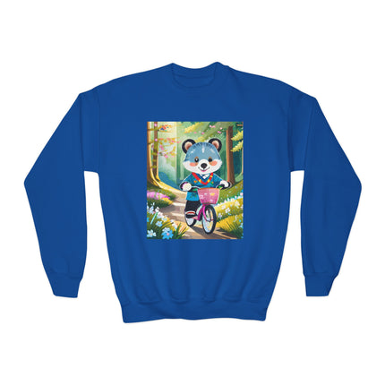 Furry Cyclist Youth Crewneck Sweatshirt – Playful Adventure on Two Wheels
