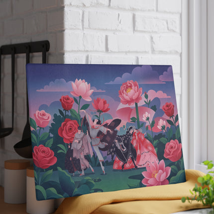 🌹🎭 The Rose Garden Masquerade Glass Cutting Board – Art Deco Floral Fantasy