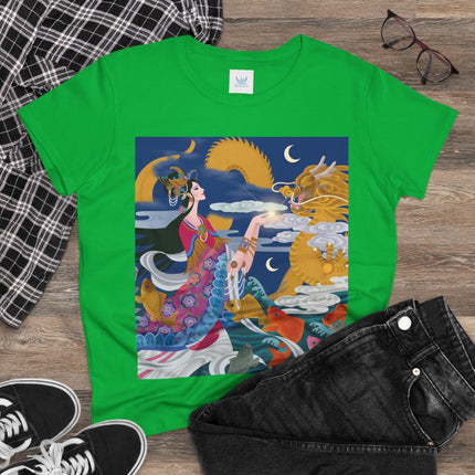 Dragon Pearl Offering Women's Midweight Cotton Tee – Mystical Fantasy & Golden Grace
