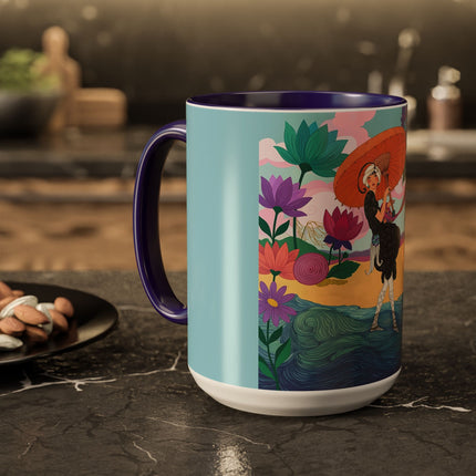 The Lady Of The Coral Parasol Colorful Mugs – Art Deco Coastal Elegance