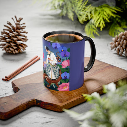 The Lady And The Garden Dragon Colorful Mugs – Art Deco Mythical Botanical Elegance