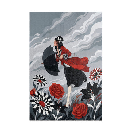 🌹☂️ The Lady In The Storm Puzzle – Art Deco Floral Drama