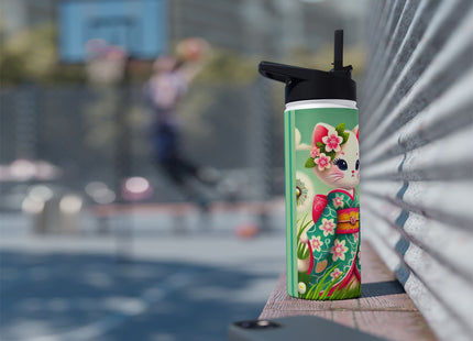 Geisha Kitten and the Dandelion Wish Stainless Steel Water Bottle, Standard Lid