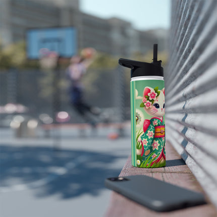 Geisha Kitten and the Dandelion Wish Stainless Steel Water Bottle, Standard Lid