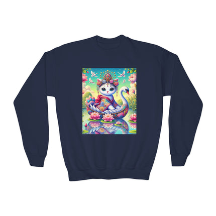 Geisha Kitten’s River Voyage Youth Crewneck Sweatshirt – Grace, Adventure & Storybook Charm
