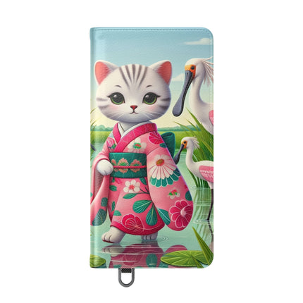 🦩🌸 Geisha Kitten Strolls Among the Spoonbills Flip Case – Serene Grace & Marshland Wonder