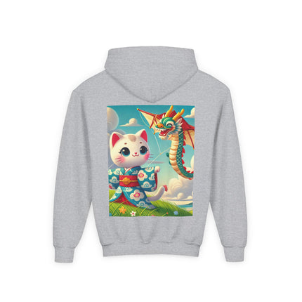 Geisha Kitten and the Dragon Kite Youth Hooded Sweatshirt – Bold Energy & Sky-High Adventure