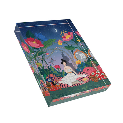 🌙🌺 The Midnight Garden Reverie Acrylic Art Block – Art Deco Botanical Whimsy