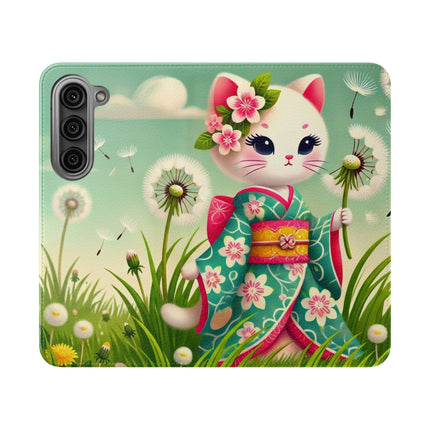 🌾🌼 Geisha Kitten and the Dandelion Wish Flip Case – Gentle Wishes & Quiet Wonder