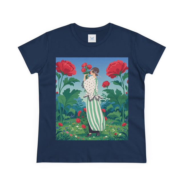🌹🌿 The Scarlet Rose Garden Cotton Tee – Art Deco Floral Whimsy