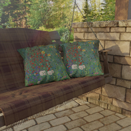 Farm Garden with Sunflowers by Gustav Klimt Outdoor Pillows