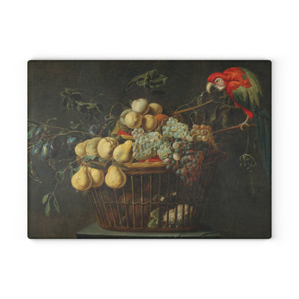 Still Life of a Basket of Fruit with a Parrot by Adriaen Van Utrecht Glass Cutting Board