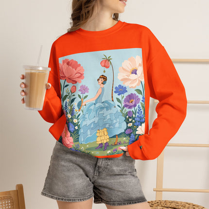 🌸🩵 The Blue Ruffle Garden Crewneck Sweatshirt – Art Deco Floral Whimsy