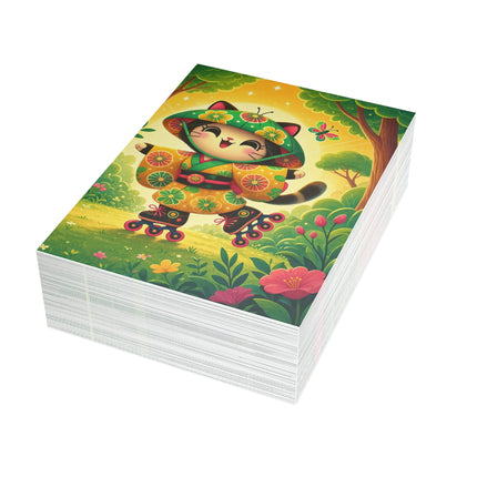 🛼🌼 The Roller-Skating Garden Kitten Greeting Card – Whimsical Woodland Adventure