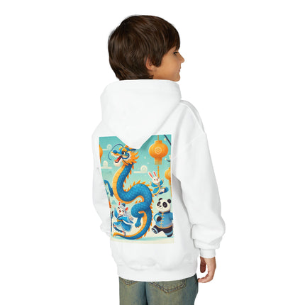Blue & Gold Dragon Festival Parade Youth Hooded Sweatshirt – Joyful Celebration & Cultural Magic