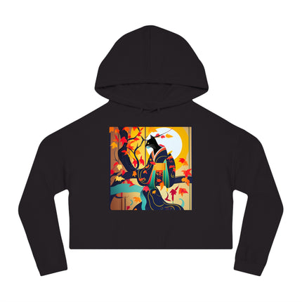 Black Cat in Kimono Women’s Cropped Hooded Sweatshirt