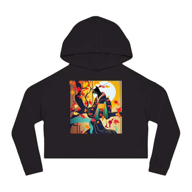 Black Cat in Kimono Women’s Cropped Hooded Sweatshirt