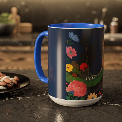 The Lady And The Crimson Moonbird Colorful Mugs – Art Deco Whimsical Garden Elegance