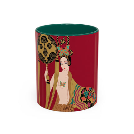 Butterfly Empress of the Crimson Pavilion Colorful Mug (11oz, 15oz) – Art Deco Beauty, Butterfly Elegance & Ornamental Style