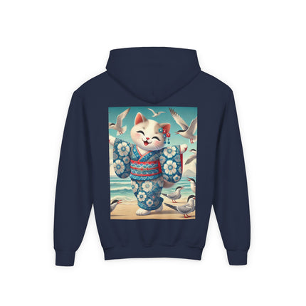 Geisha Kitten by the Seaside Youth Hooded Sweatshirt – Coastal Charm & Playful Style