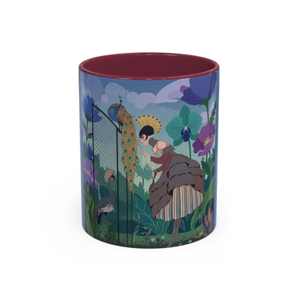 The Lady And The Enchanted Heron Colorful Mugs – Art Deco Botanical Elegance