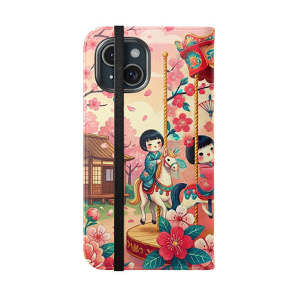🎠🌸 Geisha Kitten's Enchanted Carousel Flip Case – Whimsical Dreams & Cherry Blossom Magic