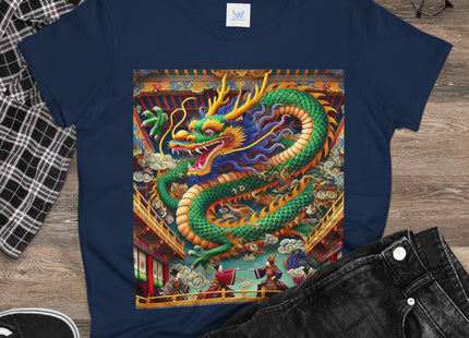 Tibetan Dragon Over Kabuki Duel Women's Midweight Cotton Tee