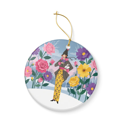 🐇🌸 The Lady With The White Rabbit Ceramic Ornament – Art Deco Floral Whimsy