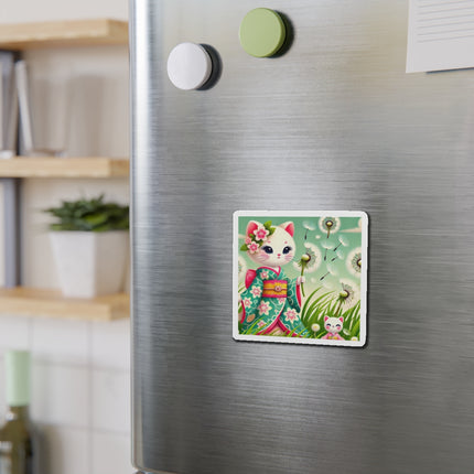 Geisha Kitten and the Dandelion Wish Die-Cut Magnets (5 Sizes)