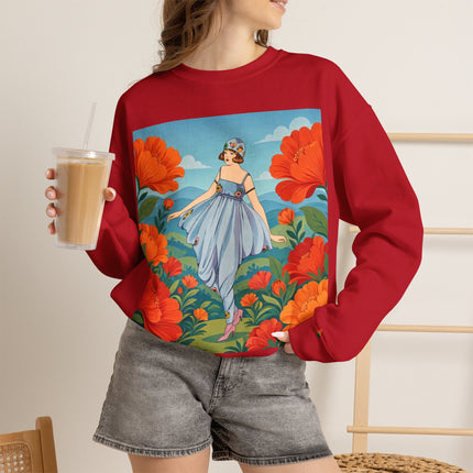 🌺🩵 The Poppy Hill Promenade Crewneck Sweatshirt – Art Deco Fashion Whimsy