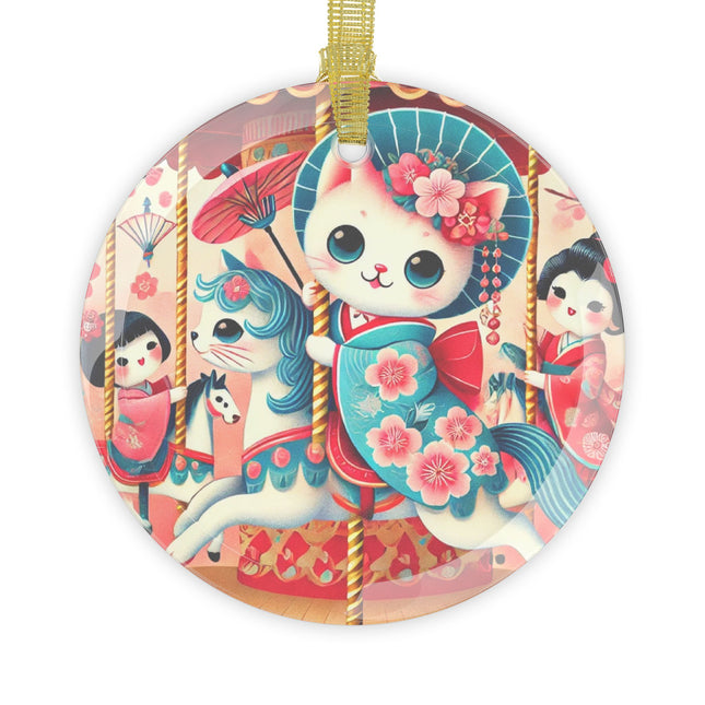 Geisha Kitten's Enchanted Carousel Ride Glass Ornament