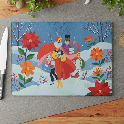 🎄🌺 The Christmas Carolers In The Poinsettia Garden Glass Cutting Board – Whimsical Holiday Fantasy