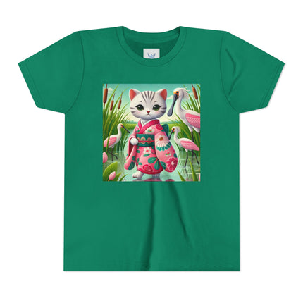 Geisha Kitten Strolls Among the Spoonbills Youth Short Sleeve Tee