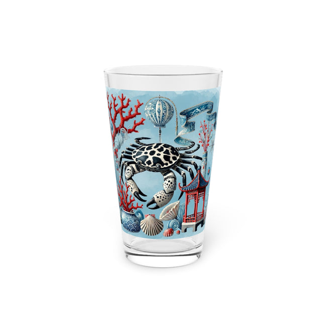 Spotted Crab & Pagoda Pint Glass – Mystical Ocean & Asian Harmony