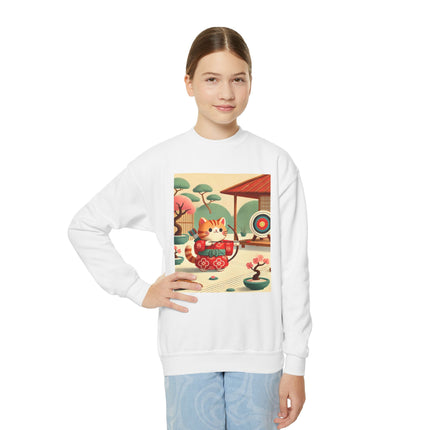 Archer Kitten in the Zen Garden Youth Crewneck Sweatshirt – Focus, Calm & Playful Precision
