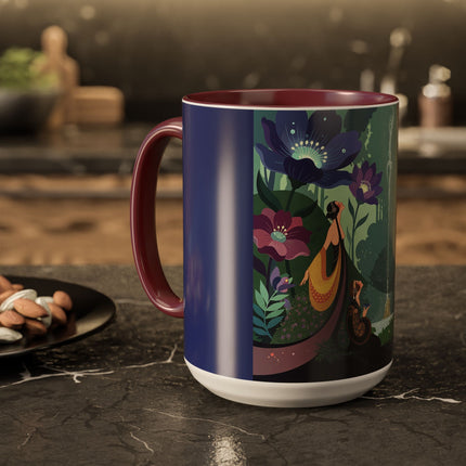 The Lady Of The Moonlit Fountain Colorful Mugs – Art Deco Botanical Serenity
