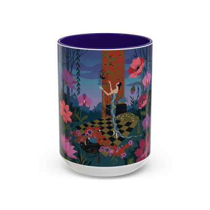 The Lady And The Midnight Birdcage Colorful Mugs – Art Deco Botanical Elegance