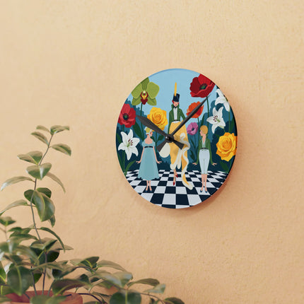 🌺🎩 The Lady And Children Of The Grand Flower Garden Acrylic Wall Clock – Art Deco Fashion Whimsy