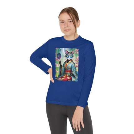 Cyberpunk Geisha Youth Long Sleeve Competitor Tee – Neon Elegance & Futuristic Fantasy