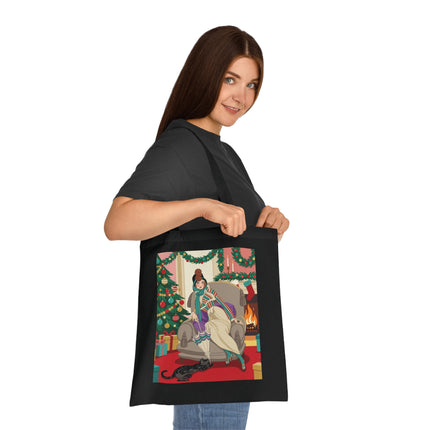 🔥🎄 The Lady Of The Christmas Hearth Cotton Tote Bag – Art Deco Holiday Warmth