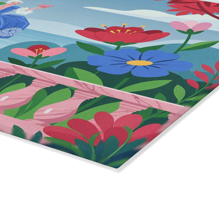🌸💙 The Lady Of The Garden Terrace Glass Cutting Board – Art Deco Floral Fashion Elegance