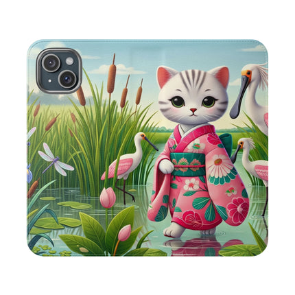 🦩🌸 Geisha Kitten Strolls Among the Spoonbills Flip Case – Serene Grace & Marshland Wonder