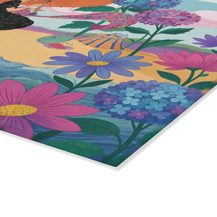 🌸☂️ The Lady Of The Painted Parasol Glass Cutting Board – Art Deco Floral Seaside Elegance