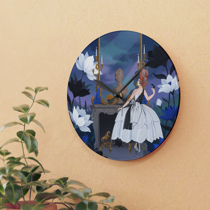 🕯️🌙 The Lady Of The Midnight Mirror Acrylic Wall Clock – Art Deco Floral Elegance